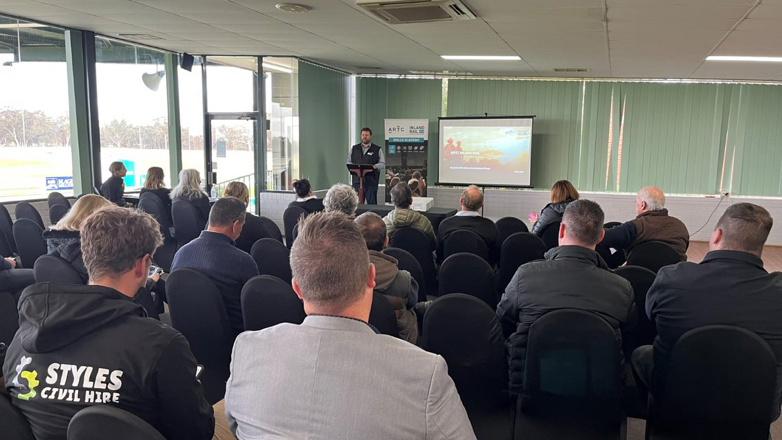 Inland Rail employee Joel Johnston speaking to local business owners and representatives in Seymour about opportunities with Inland Rail
