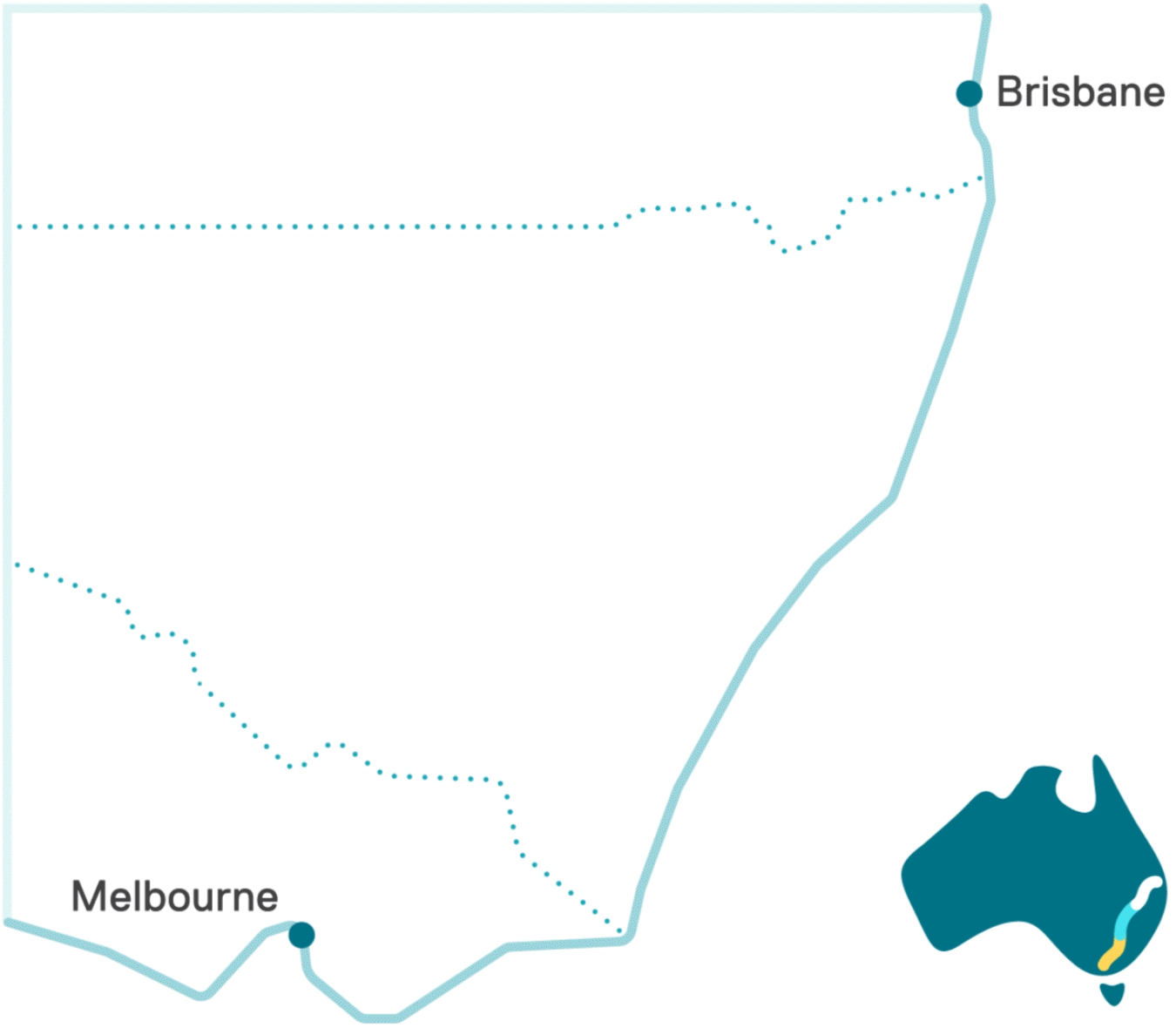 Animated GIF image showing the Inland Rail route from Beveridge in Victoria to Kagaru in Queensland.