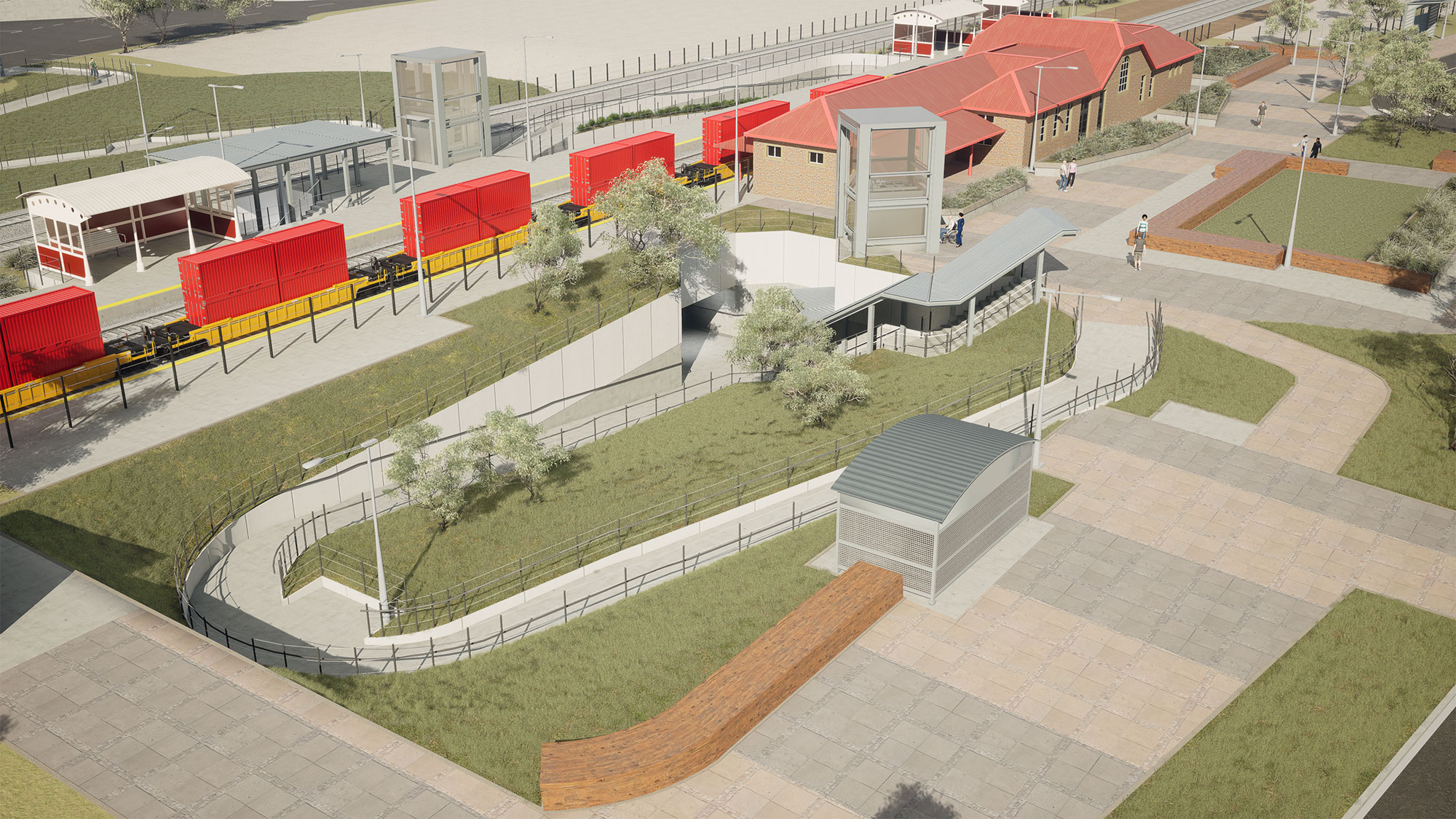 Visualisation of the new pedestrian underpass and forecourt at Benalla Station.