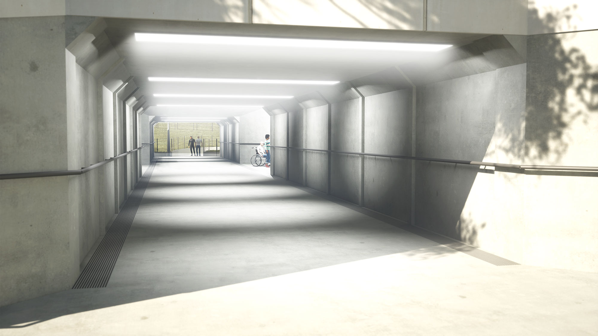 Visualisation of the new light and bright pedestrian underpass with lifts, ramps and stairs