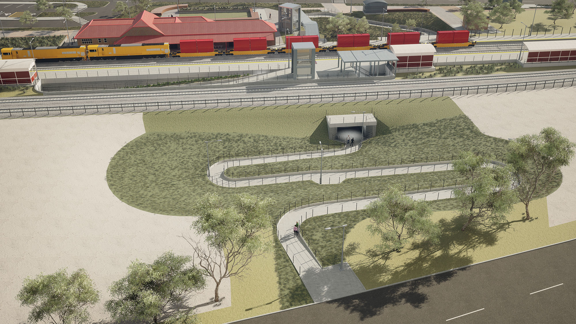 Visualisation of Benalla Station Precinct from Railway place looking towards Mackellar Street
