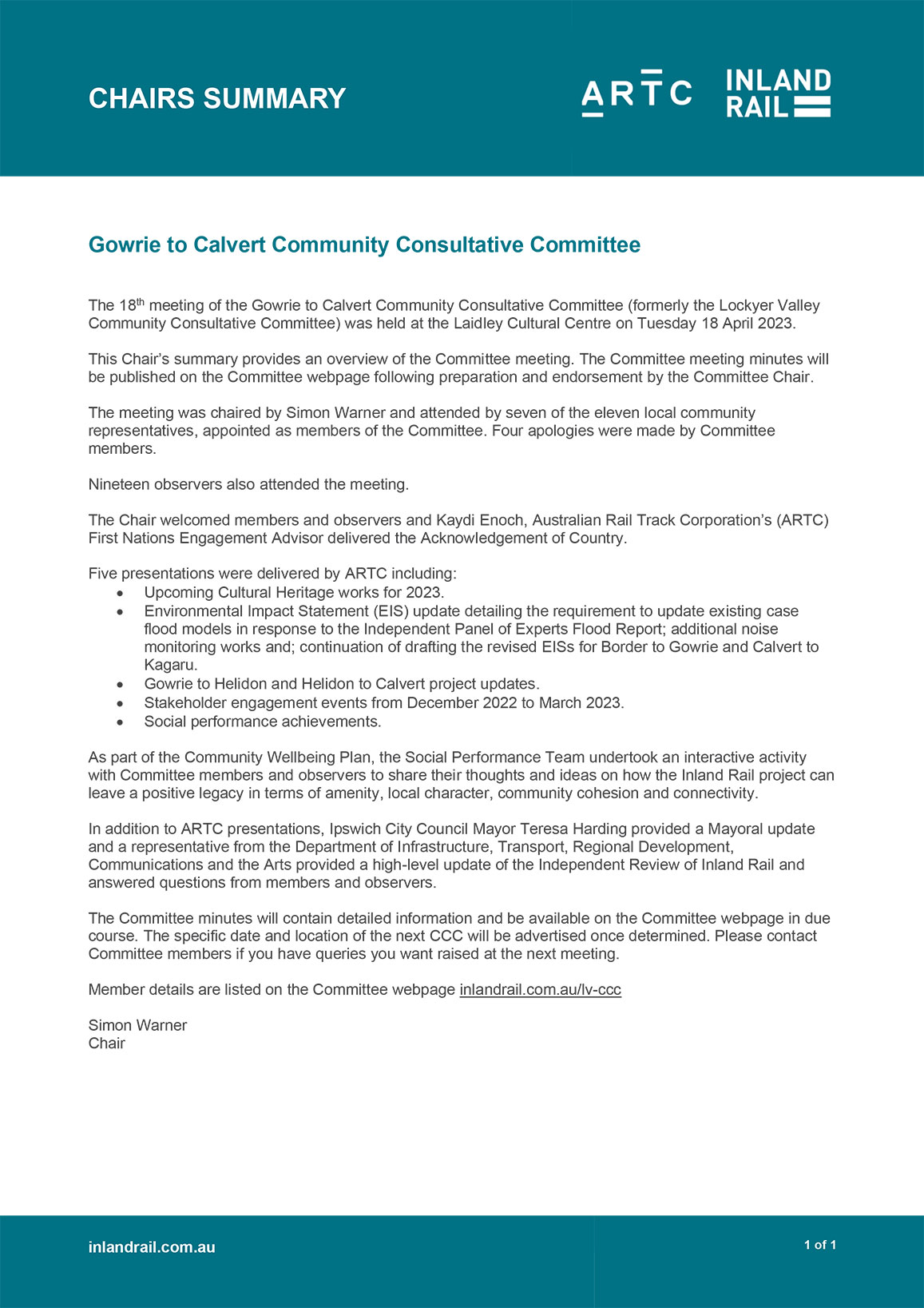 Image thumbnail for Gowrie to Calvert CCC chair's summary – 18 April 2023