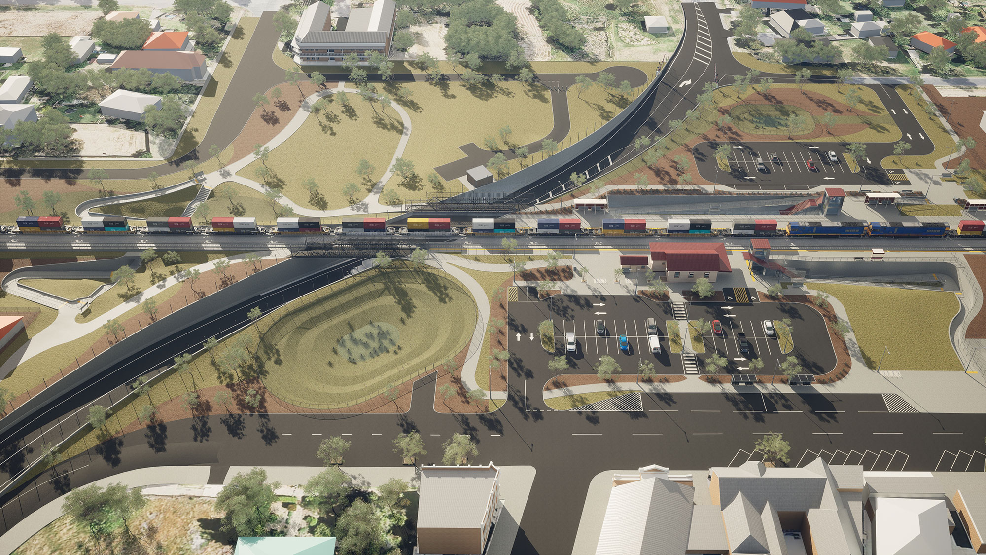 Visualisation looking from Railway Place across the Euroa Station precinct and Anderson Street underpass