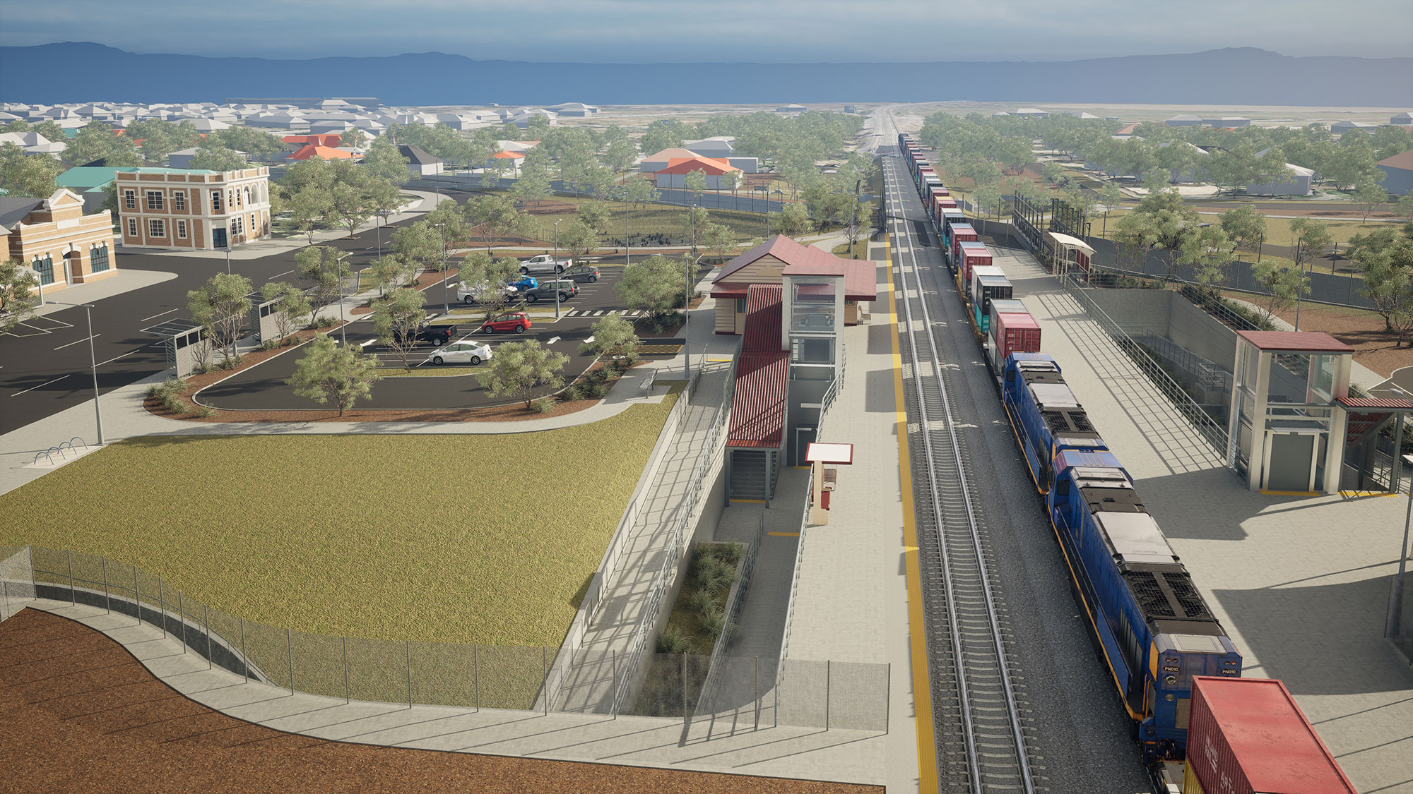 Visualisation showing the new station forecourt, underpass and relocated track