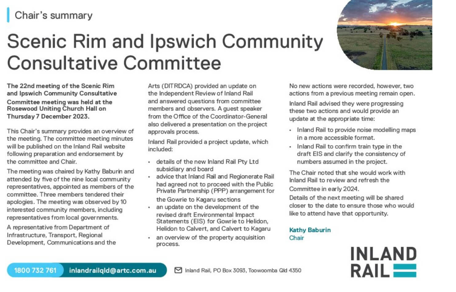 Scenic Rim and Ipswich Community Consultative Committee Chair's Summary for the meeting on 7 December 2023