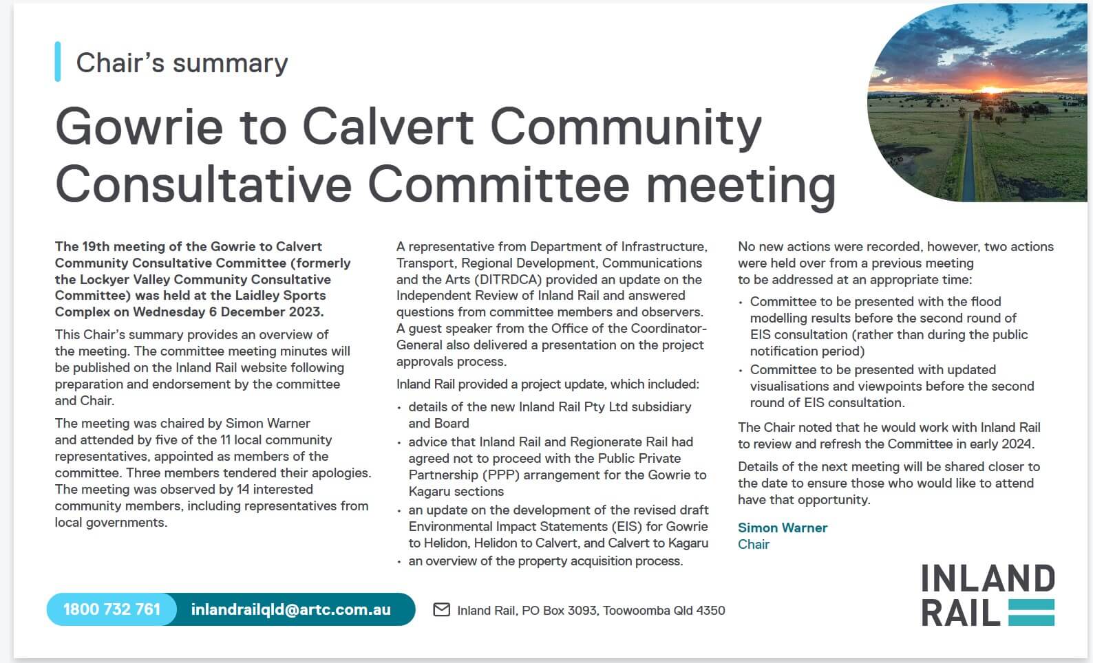 Gowrie to Calvert Community Consultative Committee meeting 6 December 2023 - Chair's Summary preview image