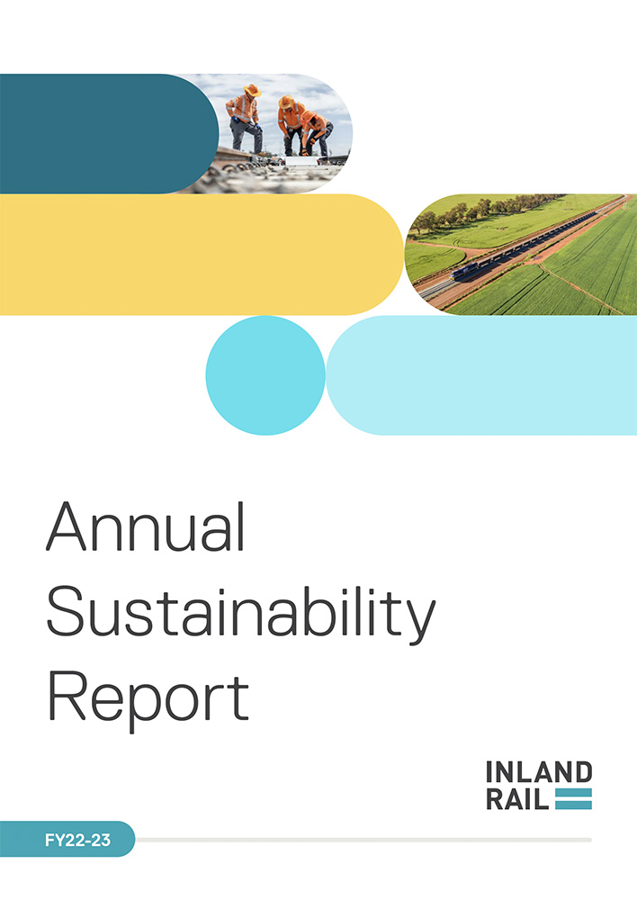 Front cover of the Inland Rail Annual Sustainability Report 2022-2023