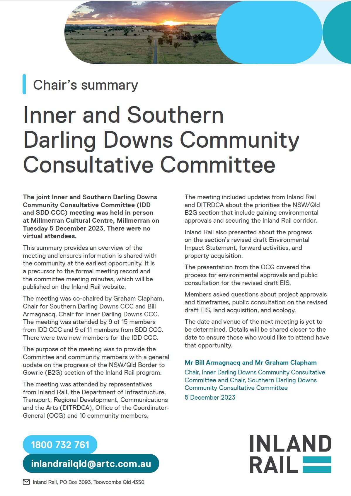 Preview image of Chair's summary for the Inner and Southern Darling Downs Community Consultative Committee meeting, 5 December 2023.