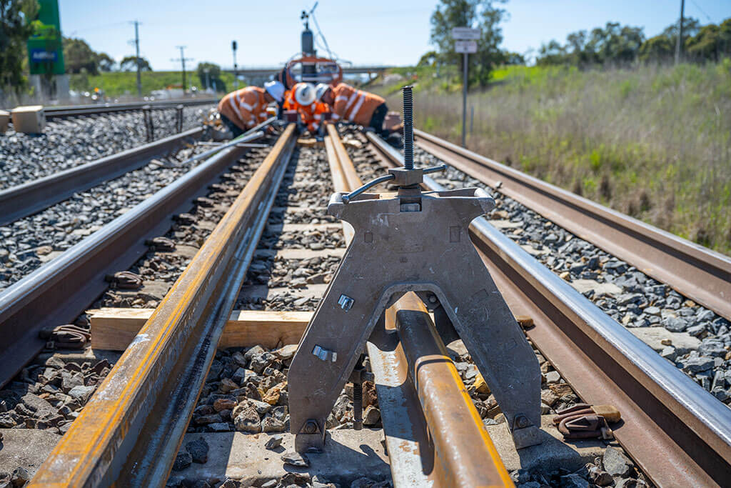 An A-Frame Rail Aligner on a railway track