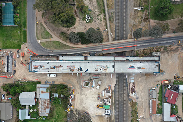Drone shot of the old and new Beaconsfield Parade bridge, Glenrowan.