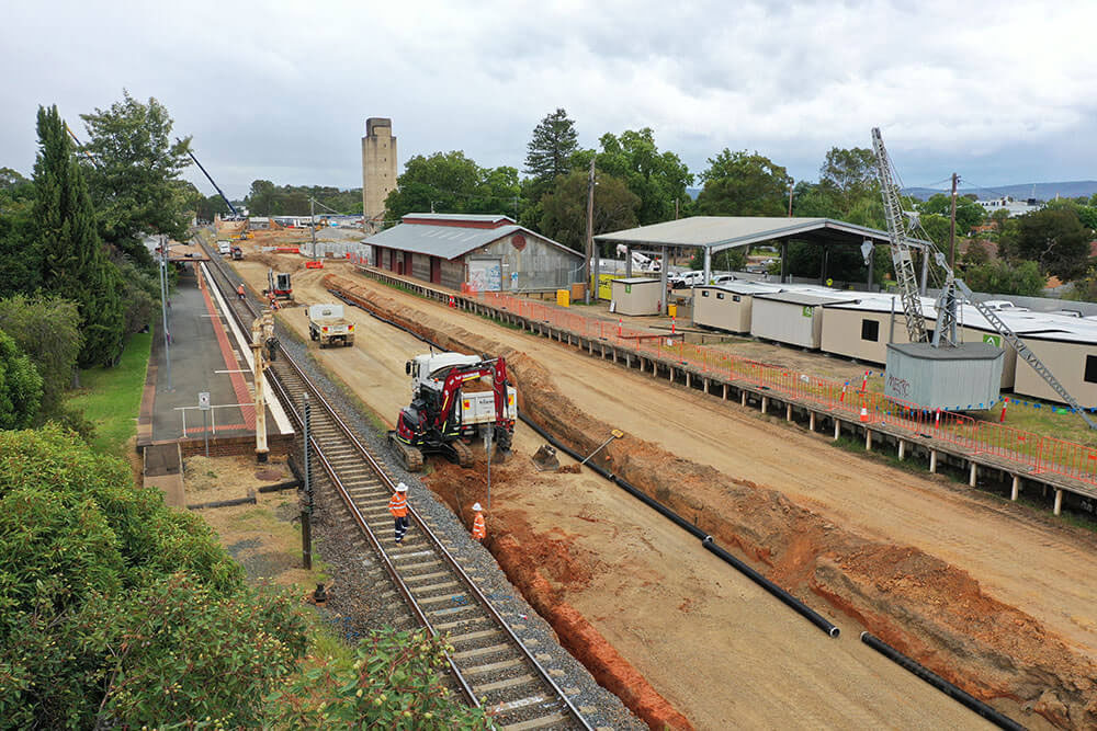 Preparing to install the new western track at Wangaratta Station.