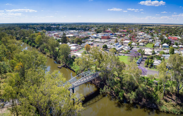 Aerial view of the Border Bridge over the Macintyre River and Goondiwindi town, Queensland.